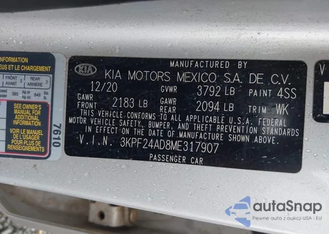 2021 Kia Forte Lxs z USA, uszkodzony, nr VIN 3KPF24AD8ME317907